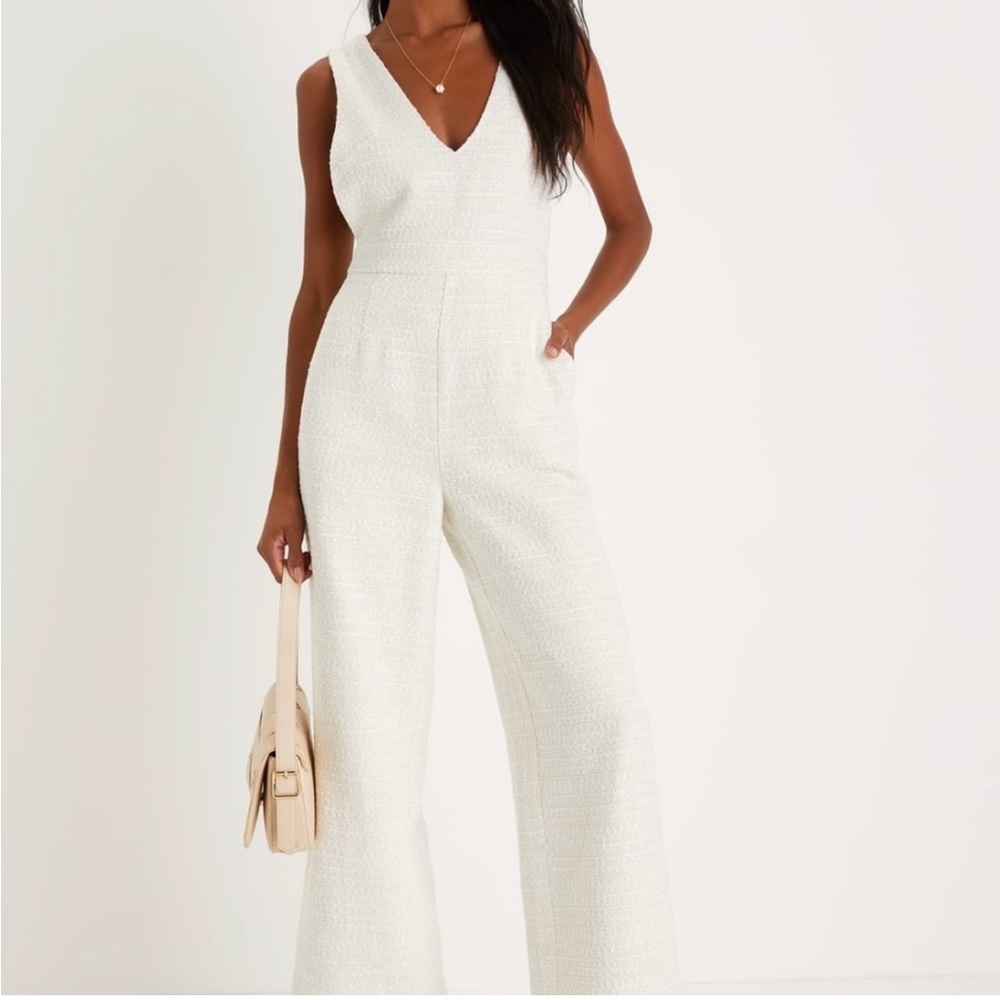 Lulus ivory tweed jumpsuit, NWT, women's large
